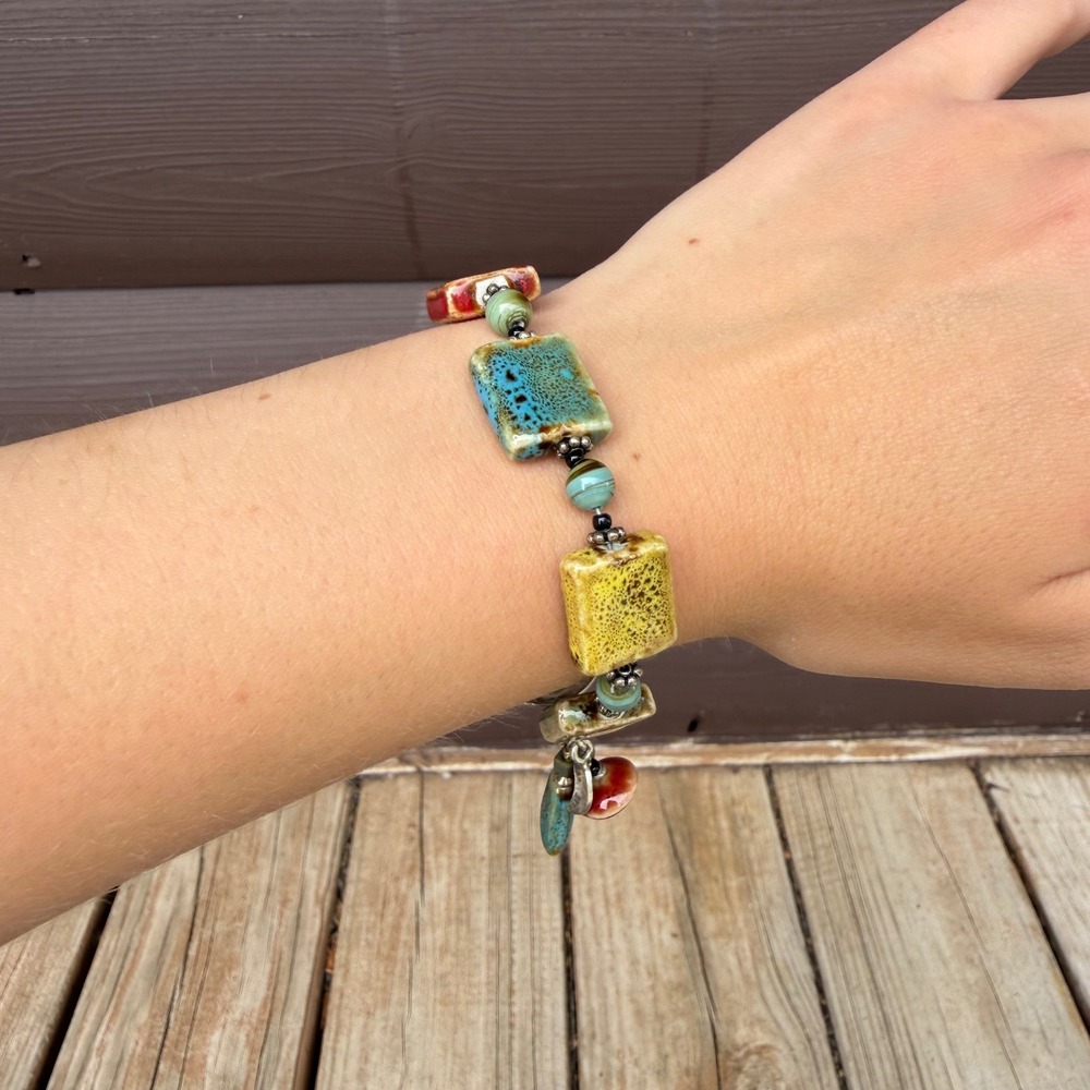 Artisan Ceramic Bead Charm Bracelet Womens 7.5 Inch Multicolorโ Glazed Pottery